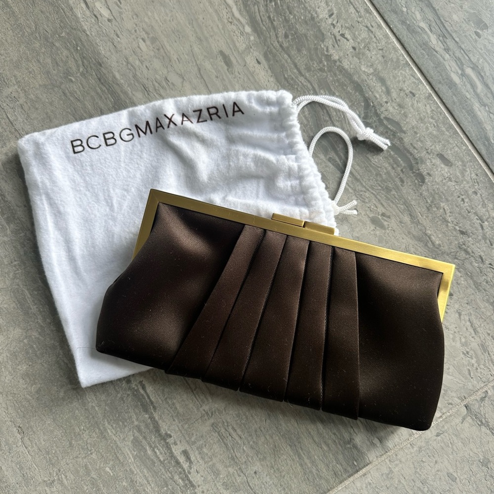 BCBGMAXAZRIA Brown Satin Pleated Evening Clutch Purse with Gold Frame, Dust Bag
